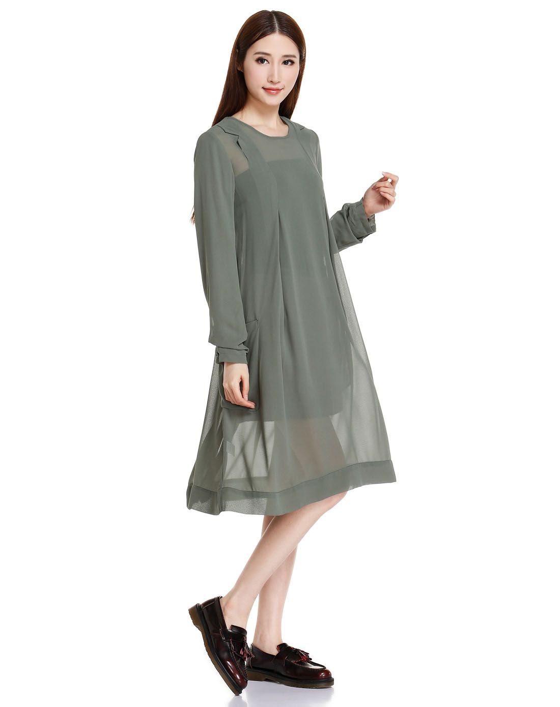灰绿色优雅简约长袖连衣裙
