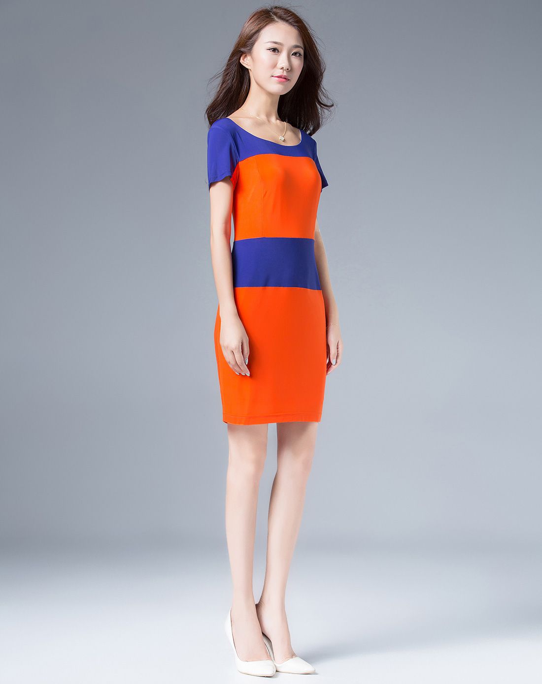 女装紫色撞橙色短袖气质修身连衣裙