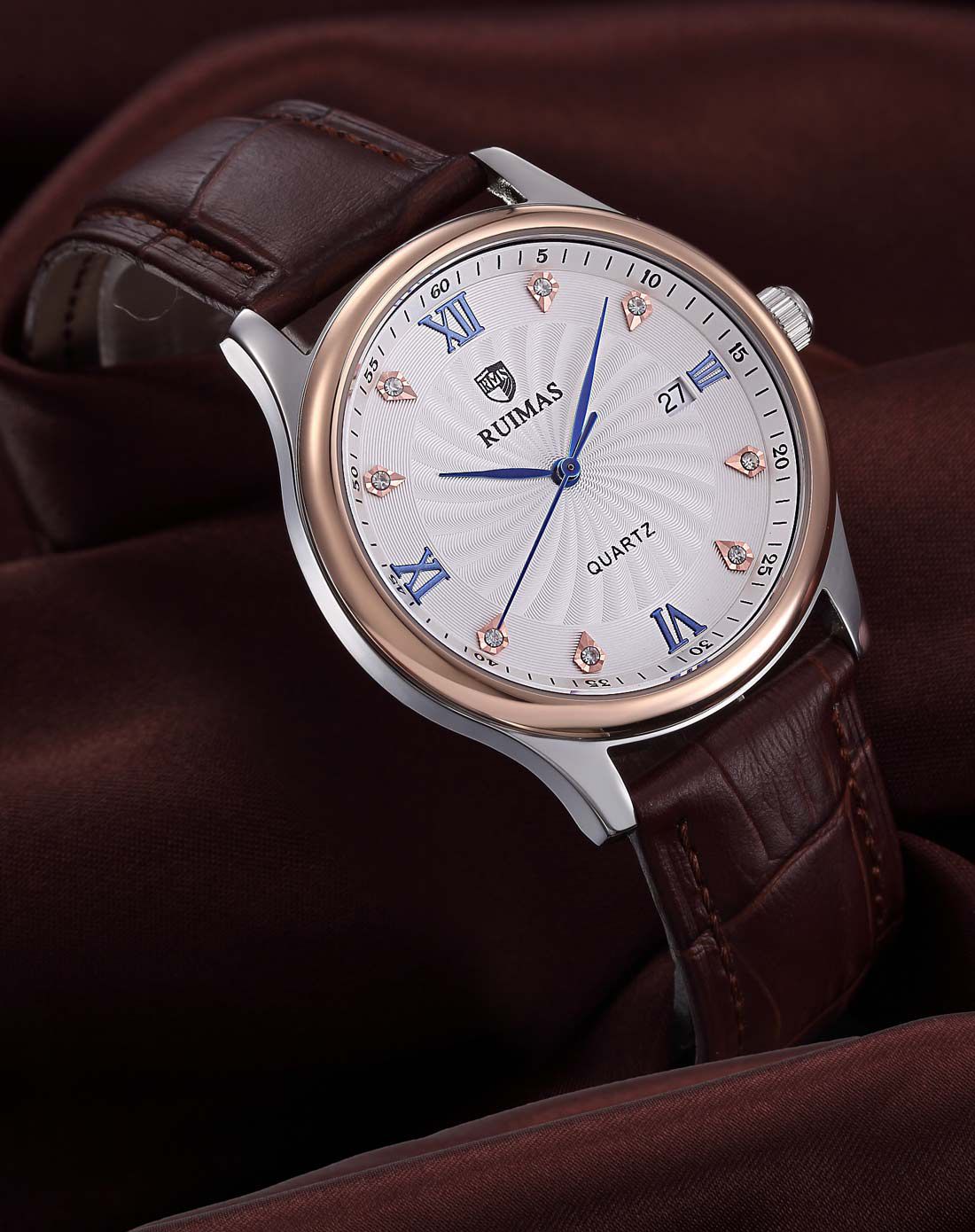 瑞马仕ruimas 进口机芯镶钻日历大气男士皮带石英表