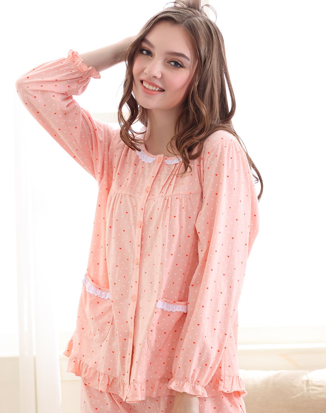 女款虾粉色彩点小荷叶边淑女长袖家居服套装