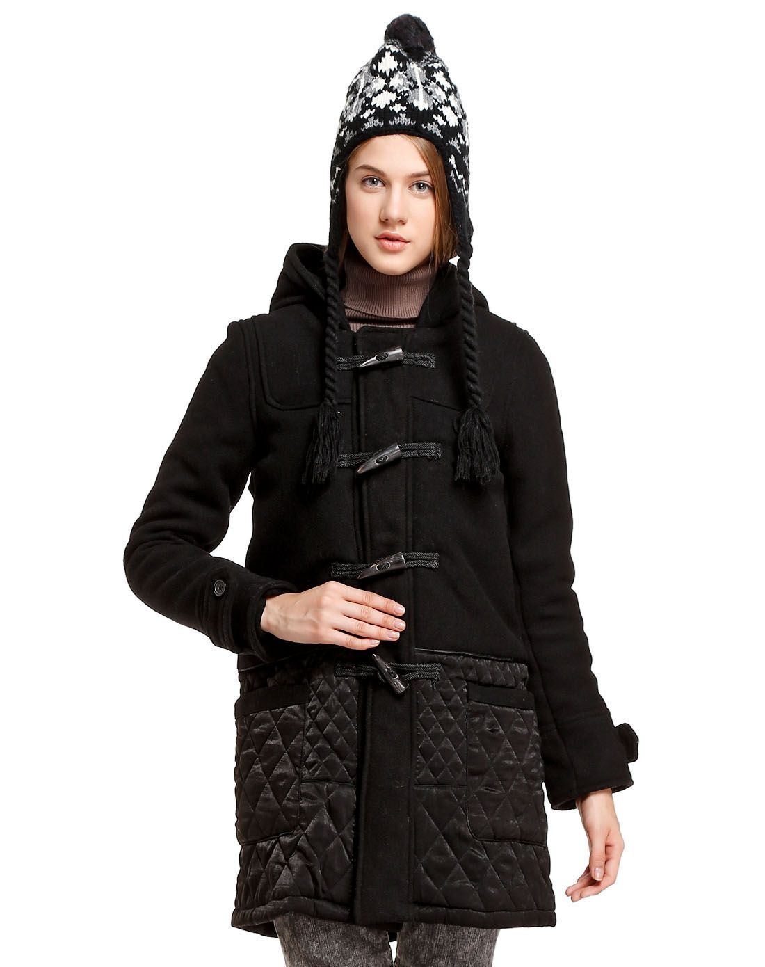 5cm女款黑色休闲牛角扣连帽长袖外套 - zingbuy