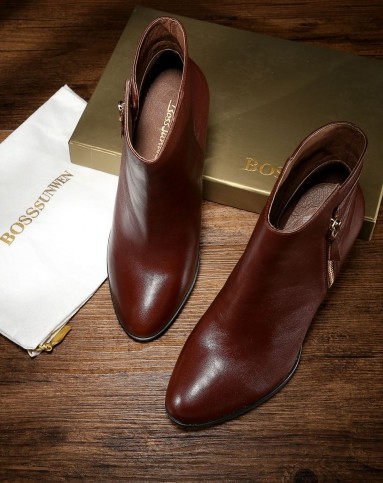 博斯绅威bosssunwen男女鞋女款红棕色牛皮时尚商务高跟短靴5f99004b