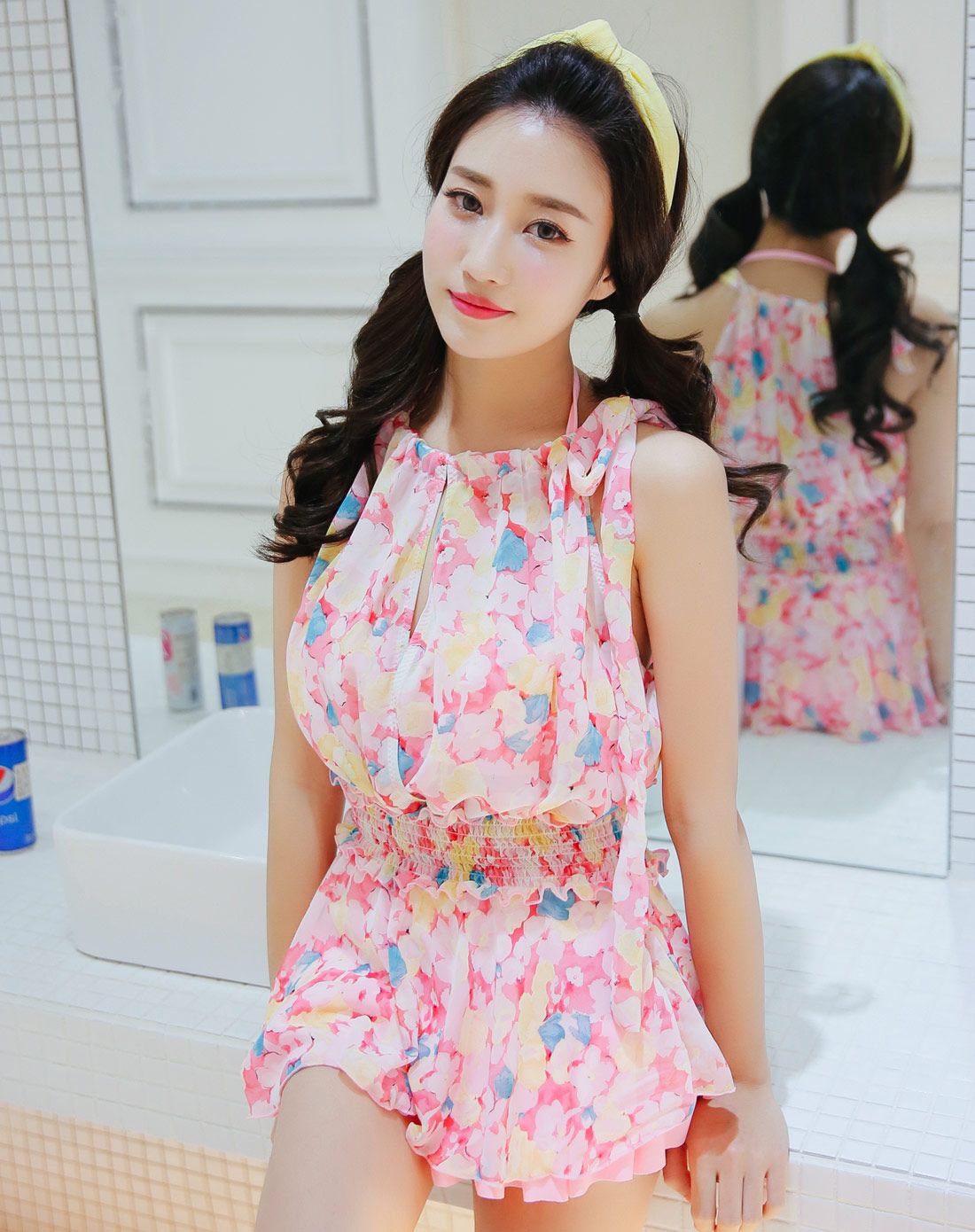 明星同款 女士粉色裙式比基尼3件套 钢托聚拢