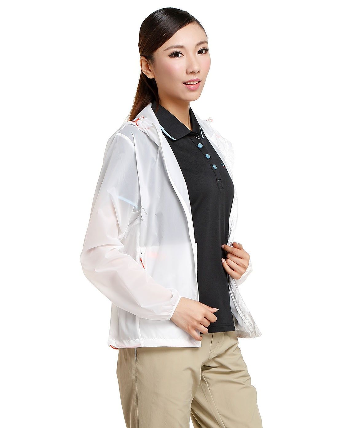 女款白色蝉翼皮肤衣 长袖连帽