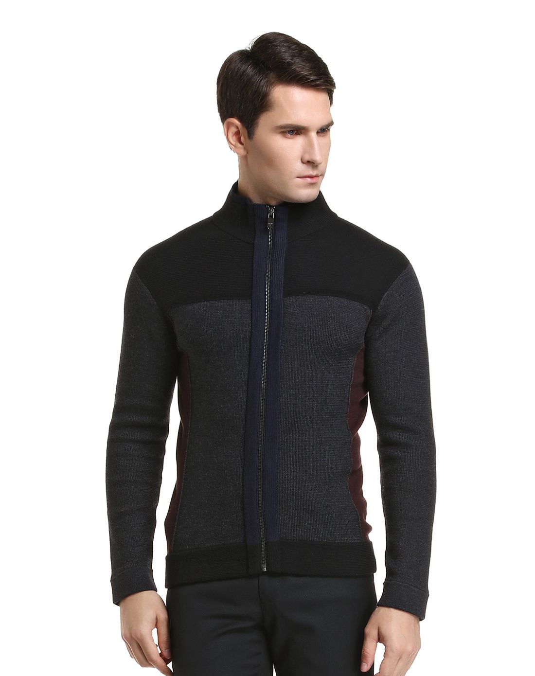 威斯康尼vskonne黑/灰色拼接拉链长袖针织衫913830804901_唯品会