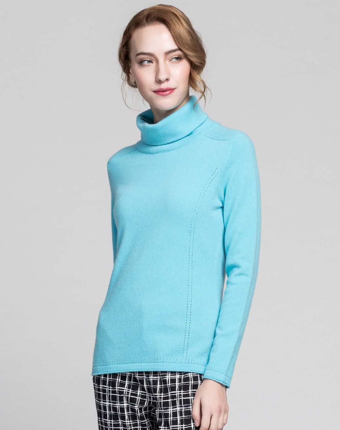 女式湖兰色100%山羊绒樽领卷边羊绒衫