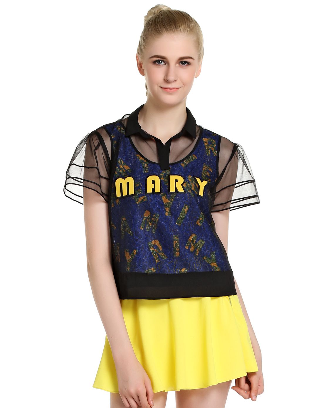玛丽安玛丽marie n°mary女装专场 黑/黄色个性翻领上衣