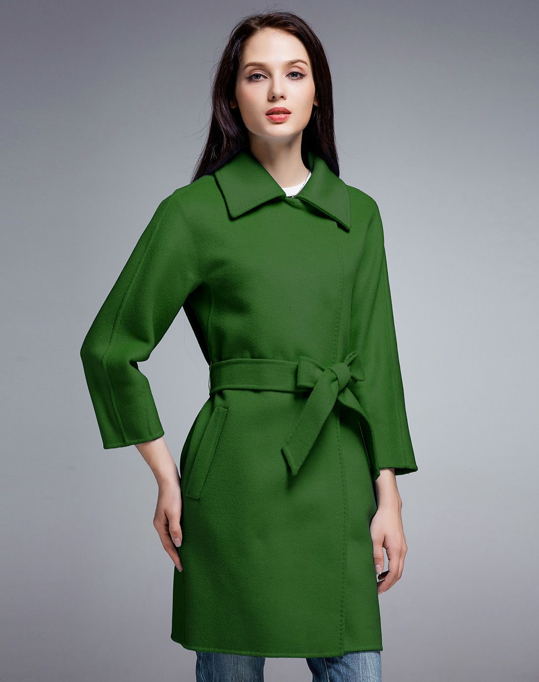 墨绿色休闲百搭欧美收腰双面毛呢大衣