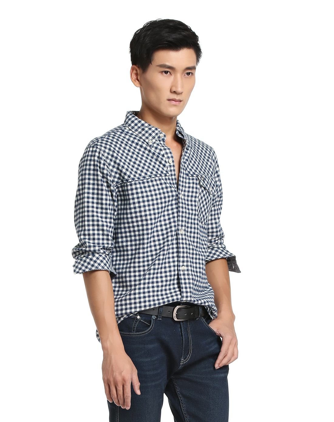 texwood男女装男款蓝/白色潇洒格子长袖衬衫9626251abu4_唯品会