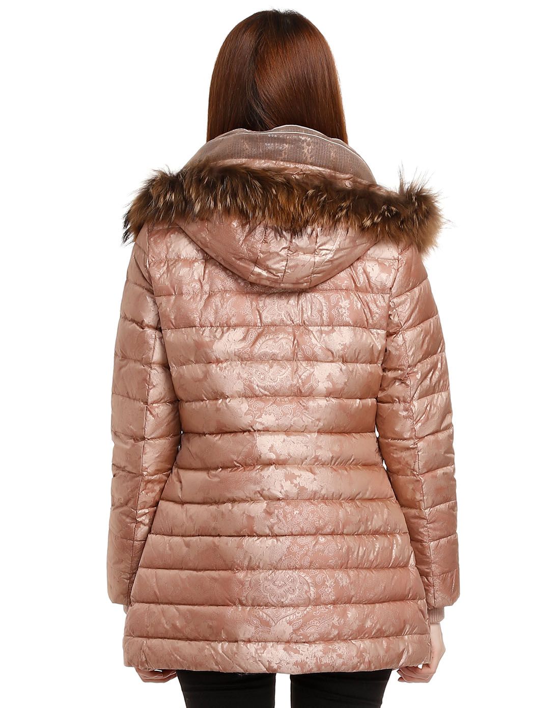 米啡色雅致修身连帽长袖羽绒服