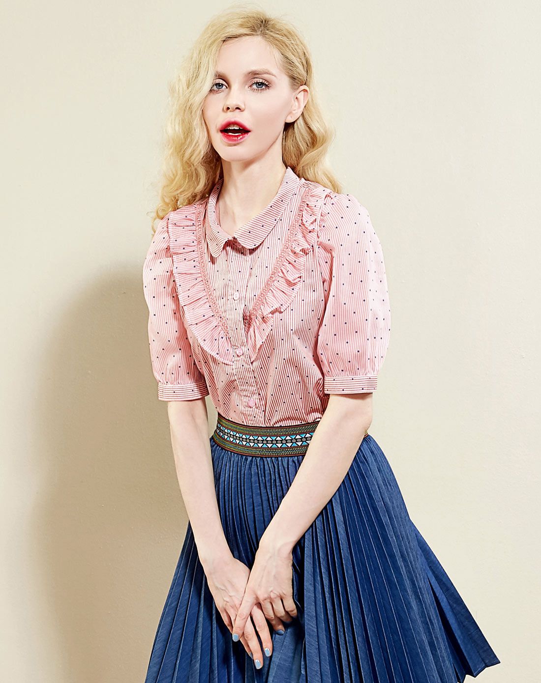 妖精的口袋elfsack女装专场 es 欧芹味觉 夏装木耳边波点拼接衬衫