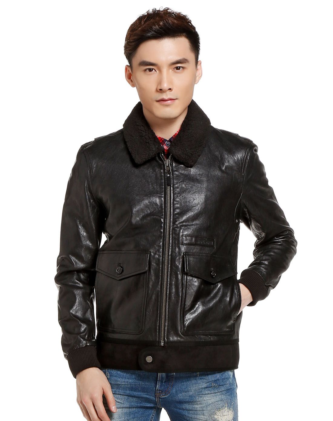 黑色成熟复古长袖皮衣