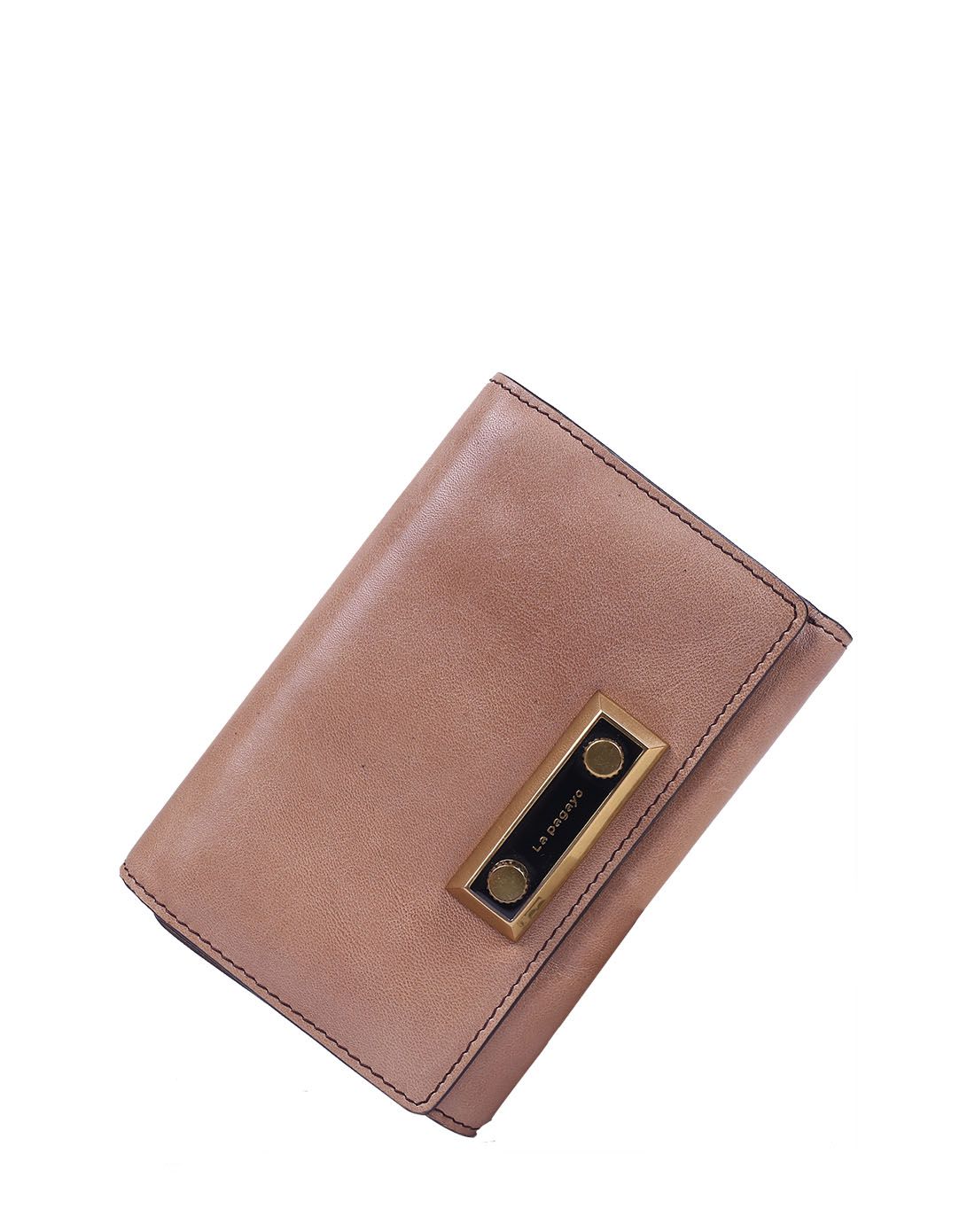 女款杏色真皮短款钱包