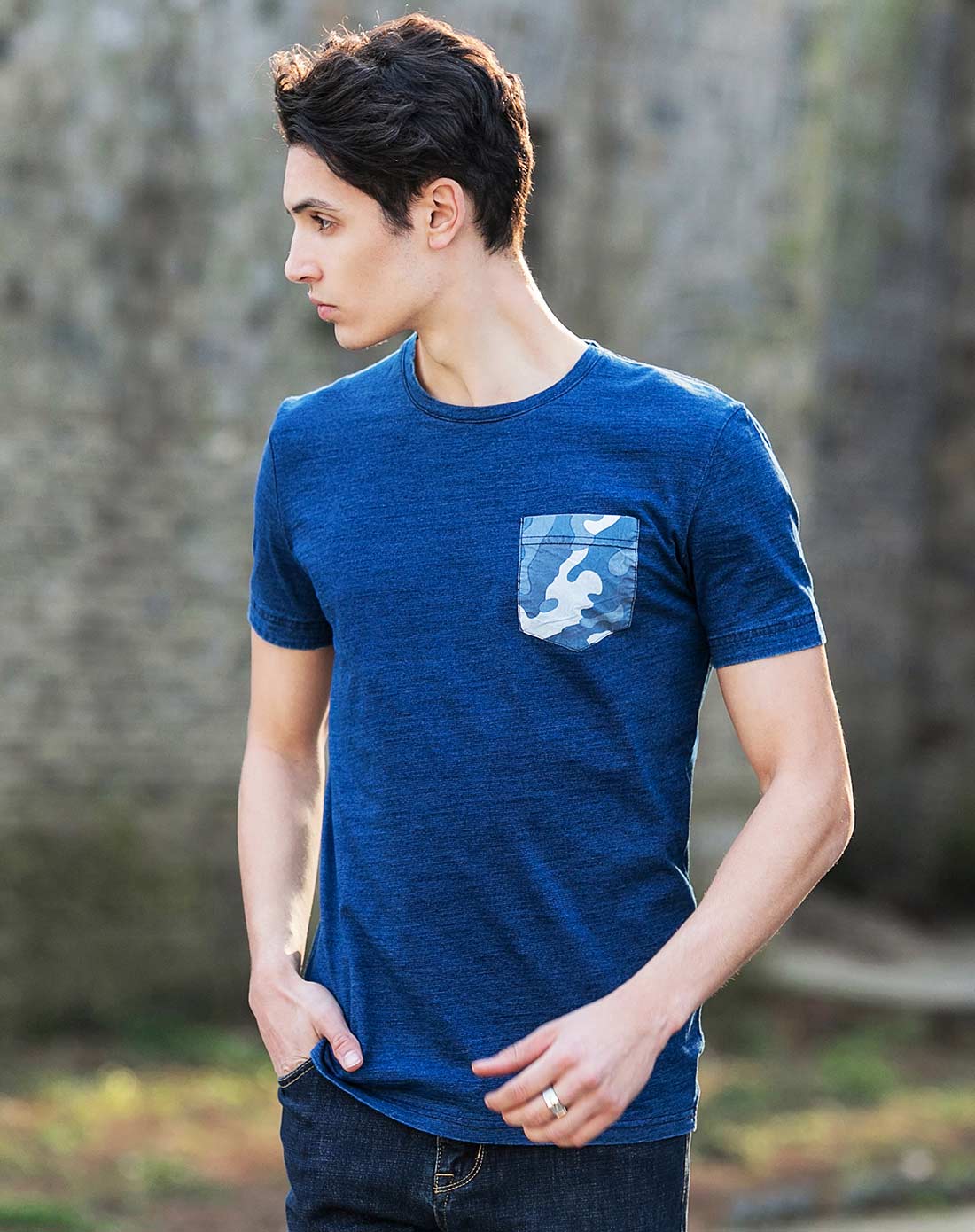 牛仔蓝纯棉舒适圆领短袖t恤