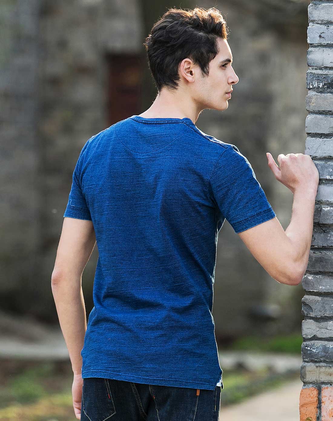 牛仔蓝纯棉舒适圆领短袖t恤