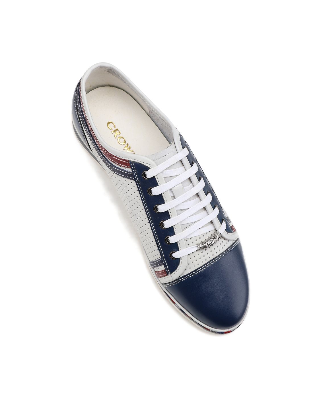 皇冠crown深蓝/白色牛皮时尚休闲透气冲孔鞋41770076_唯品会