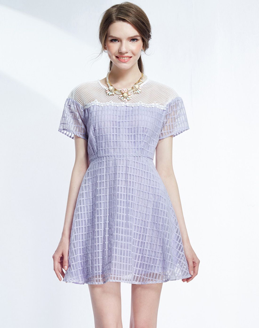 黛雅可daiyake女装移动端专场紫藤萝 浪漫欧根纱拼接连衣裙352703809