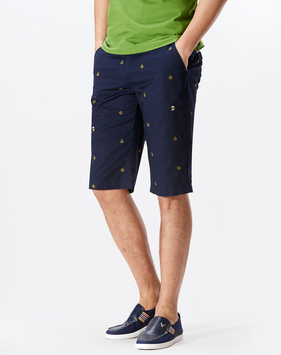 藏青花纹海军风五分裤