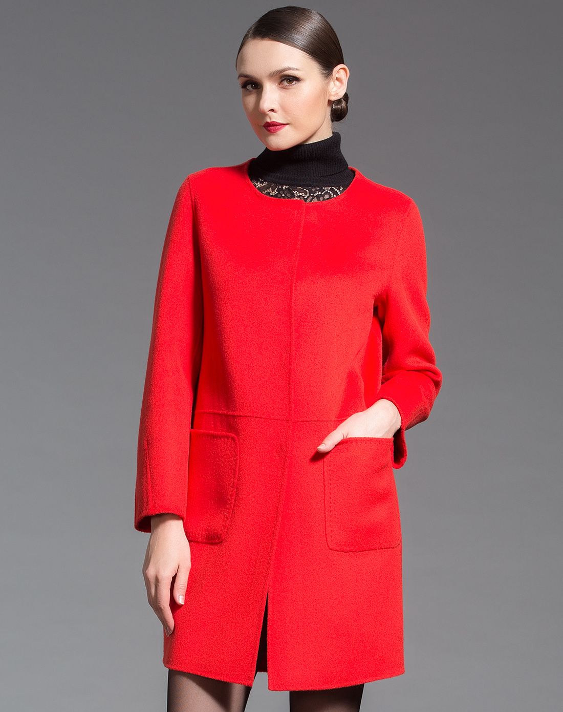 艳红色优雅气质中长款长袖大衣