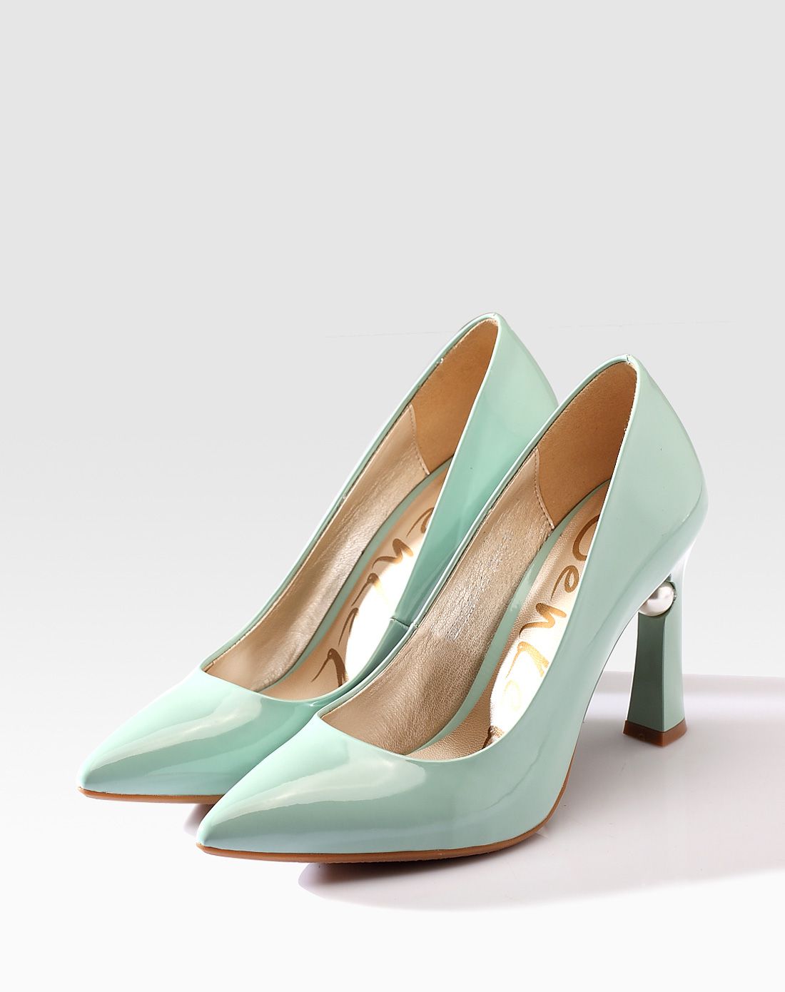 蓝绿色尖头高跟浅口单鞋