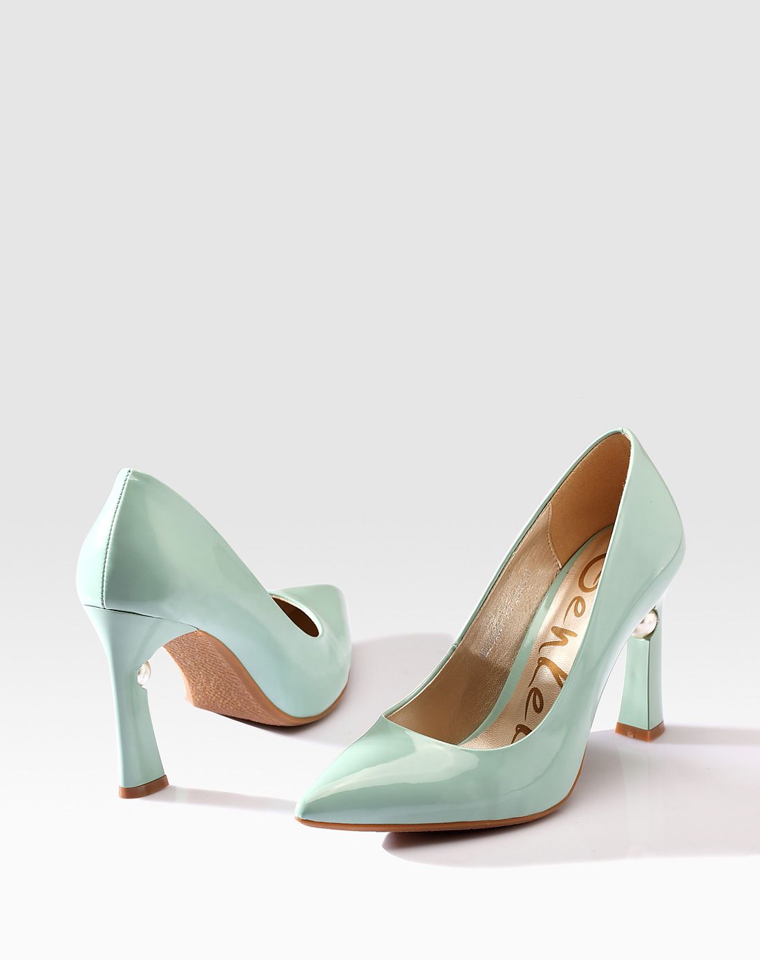 蓝绿色尖头高跟浅口单鞋