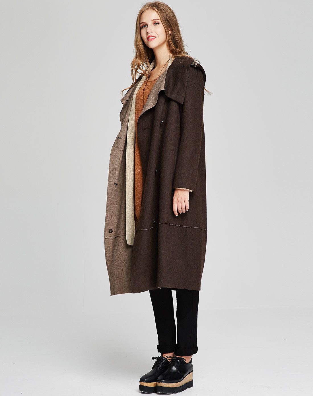 女装咖啡色时尚文艺双面呢针织呢外套