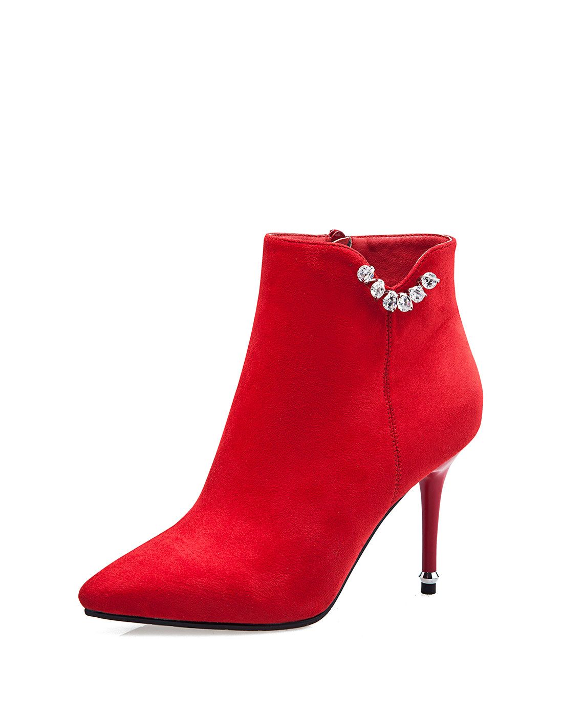 2015冬季新款尖头细高跟水钻红色女靴子