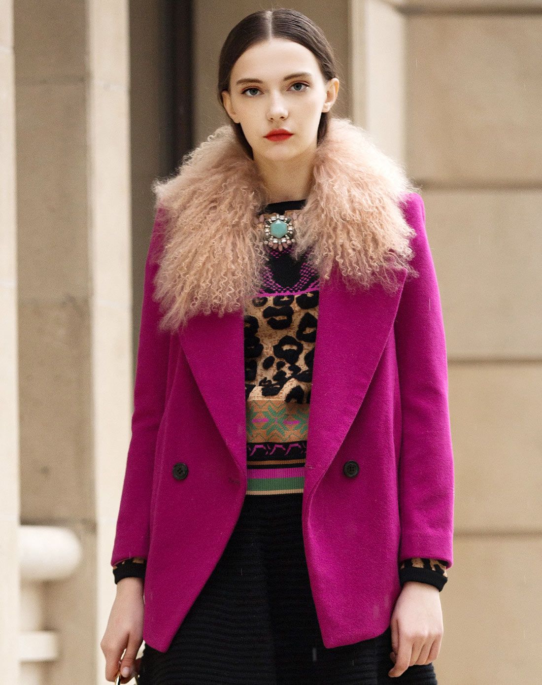 (特惠)浆果紫滩羊毛领欧美风时尚外套