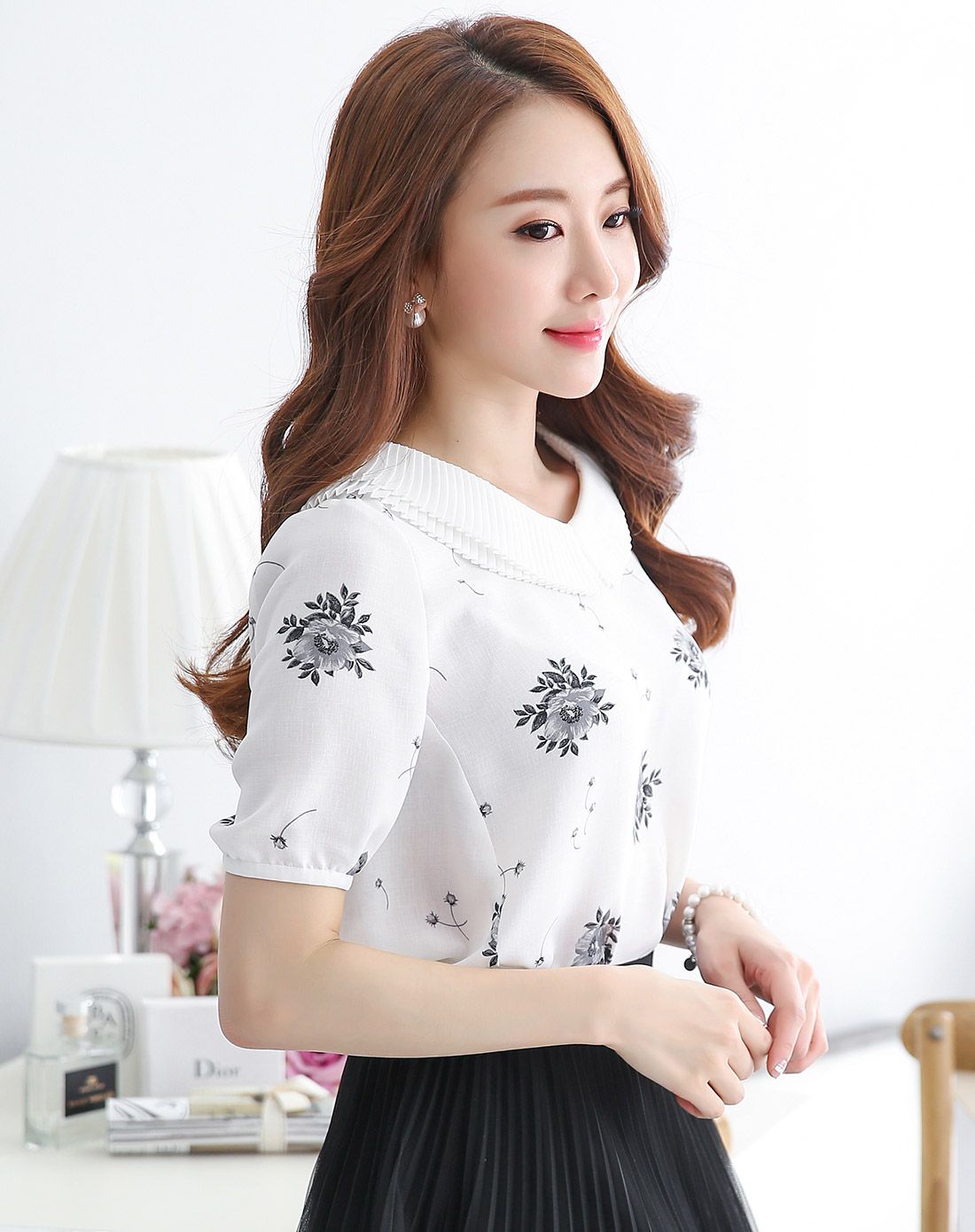 印花短袖雪纺衫