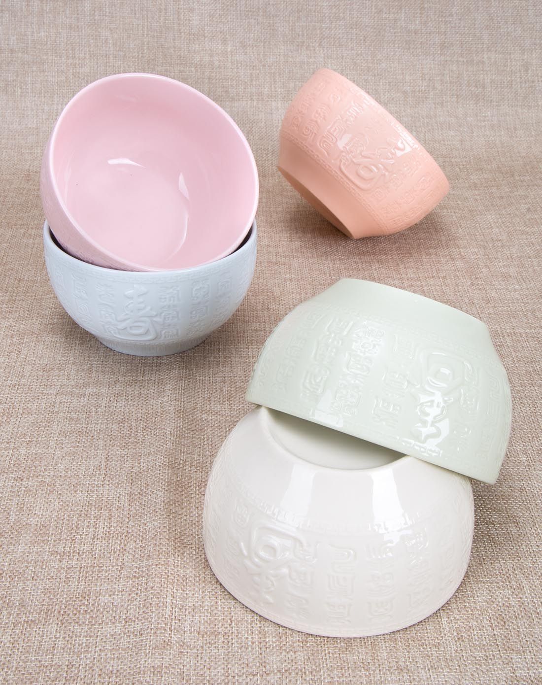 5个装纯色吉祥高分子彩晶瓷套碗礼盒装