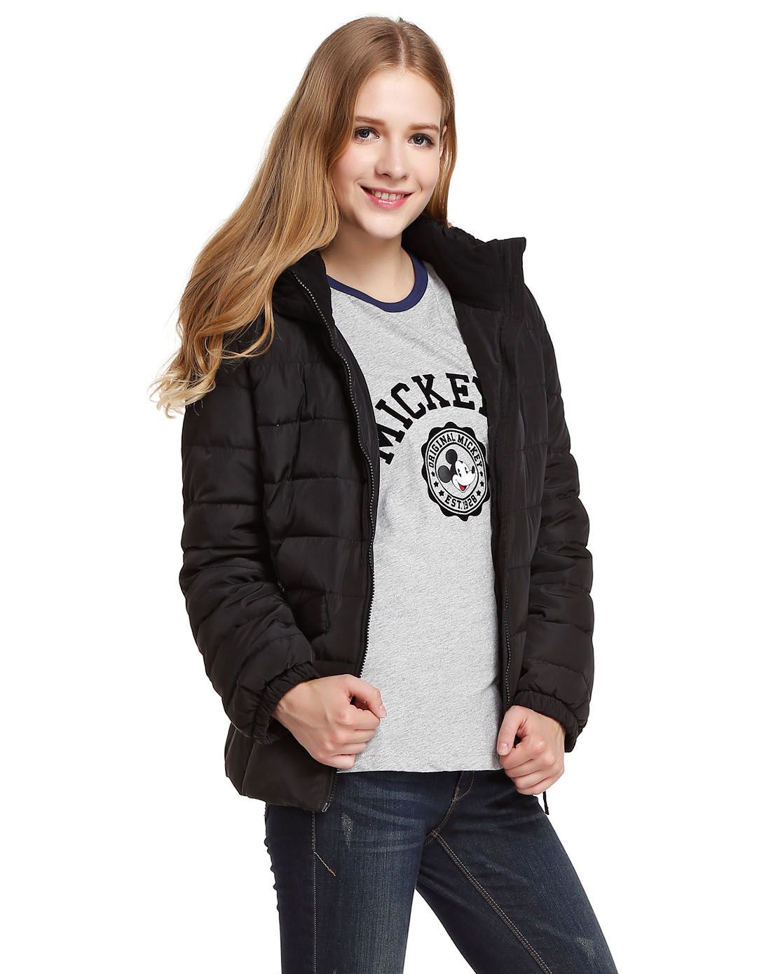 spao女款黑色百搭经典长袖羽绒服