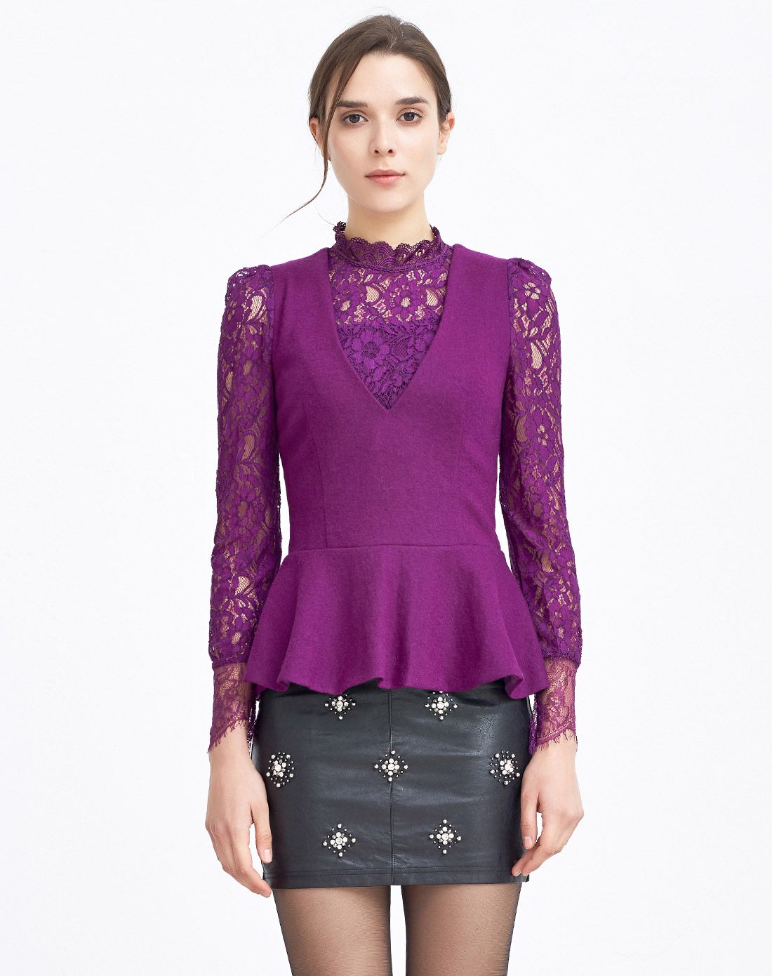 葡萄紫气质淑女长袖蕾丝打底衫