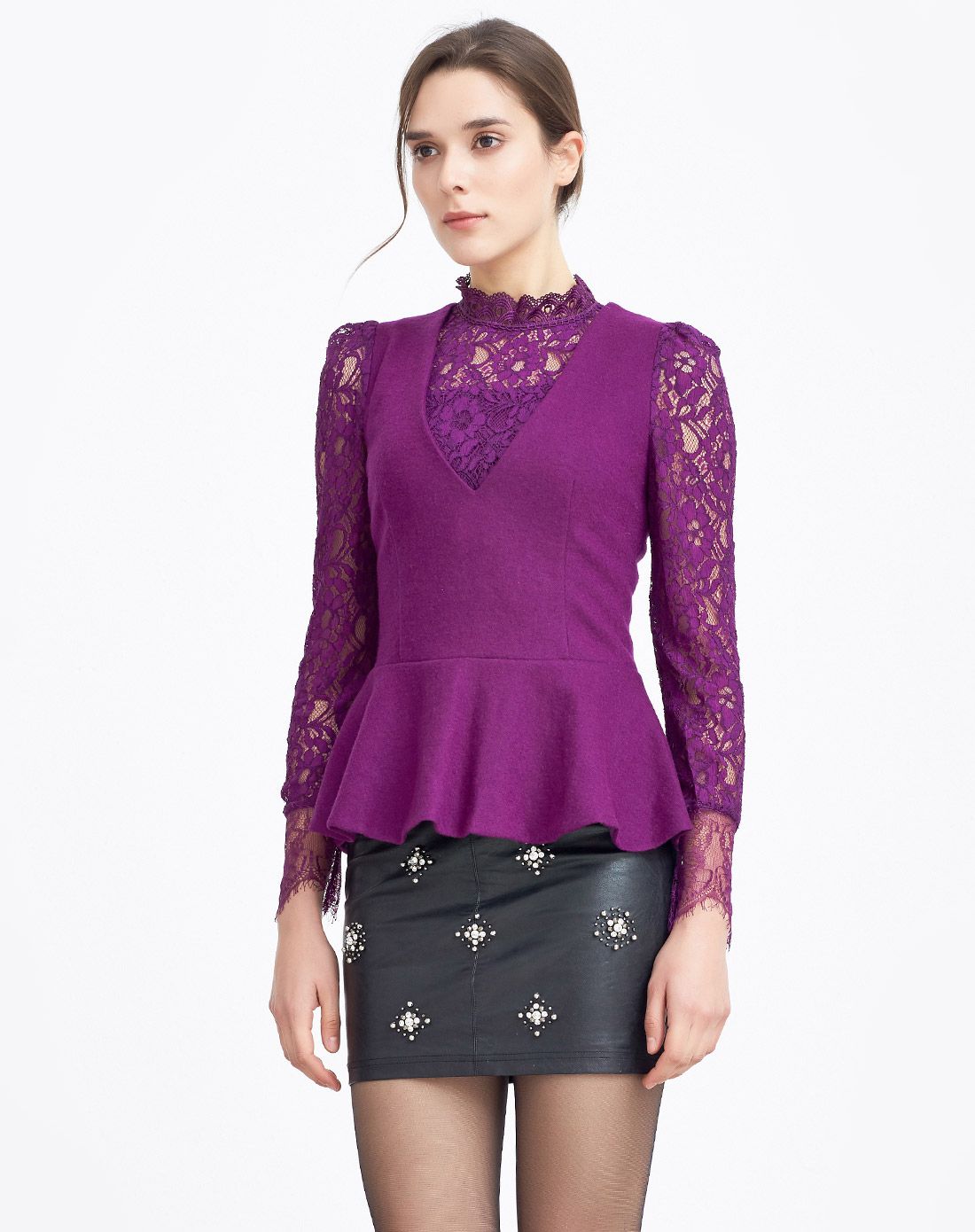 葡萄紫气质淑女长袖蕾丝打底衫
