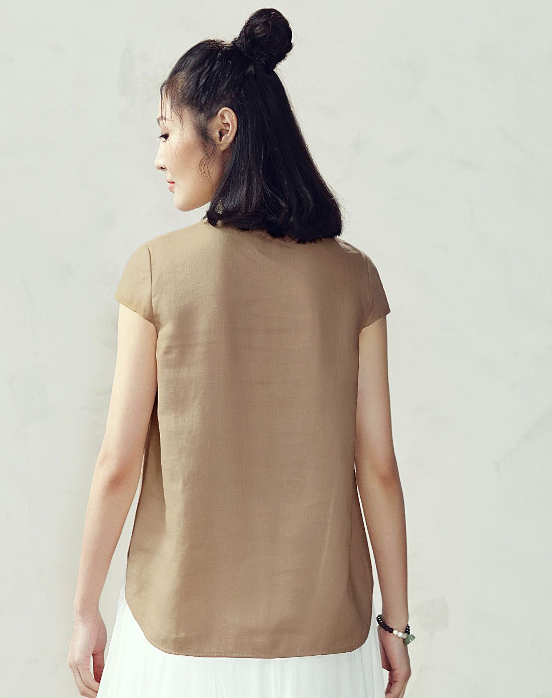 原创文艺中式立领小盖袖面料拼接前短后长小衫短袖t恤女式