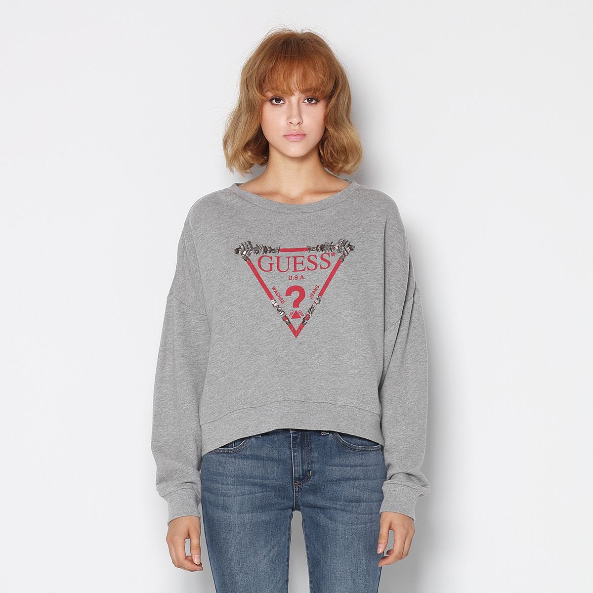 guess 18秋女士纯色倒三角logo长袖t恤