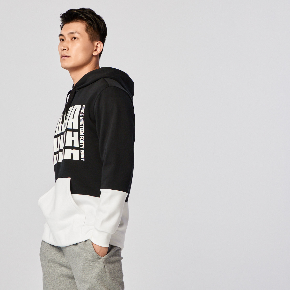 彪马puma 杨洋同款 柔软拼接 男款长袖连帽卫衣 黑配白色 xxl