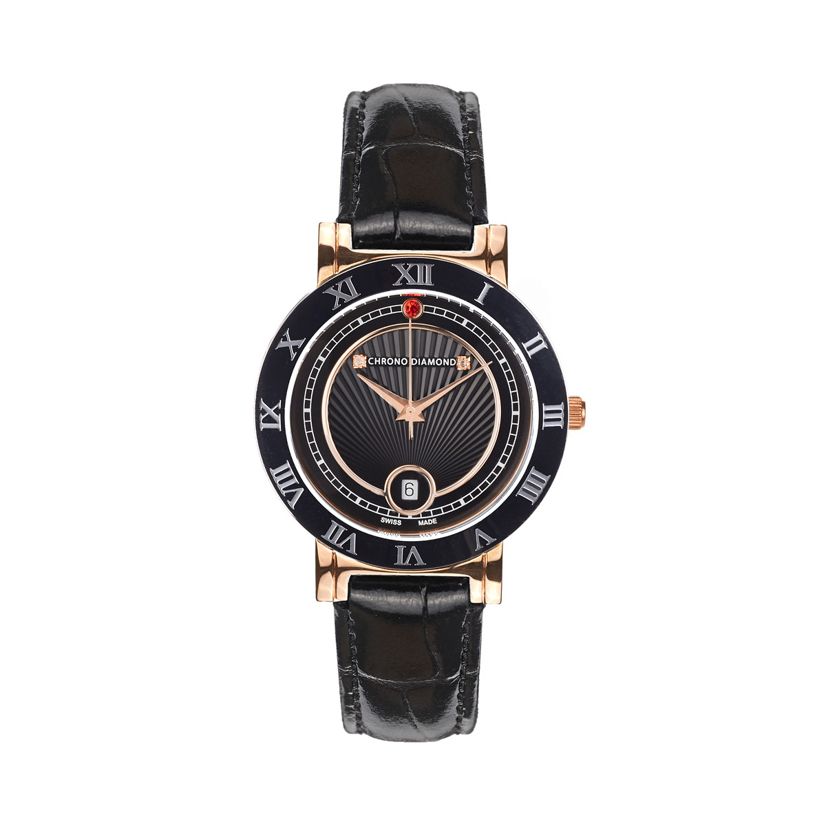 女士瑞士制红宝石镶钻点缀真皮表带日晖纹日历表盘石英手表