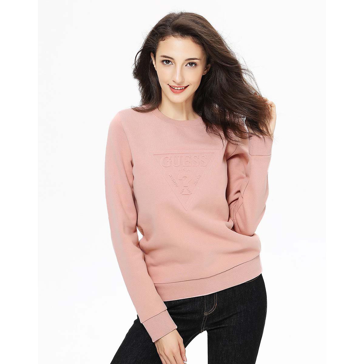 guess 情侣款女士倒三角logo浮雕套头卫衣