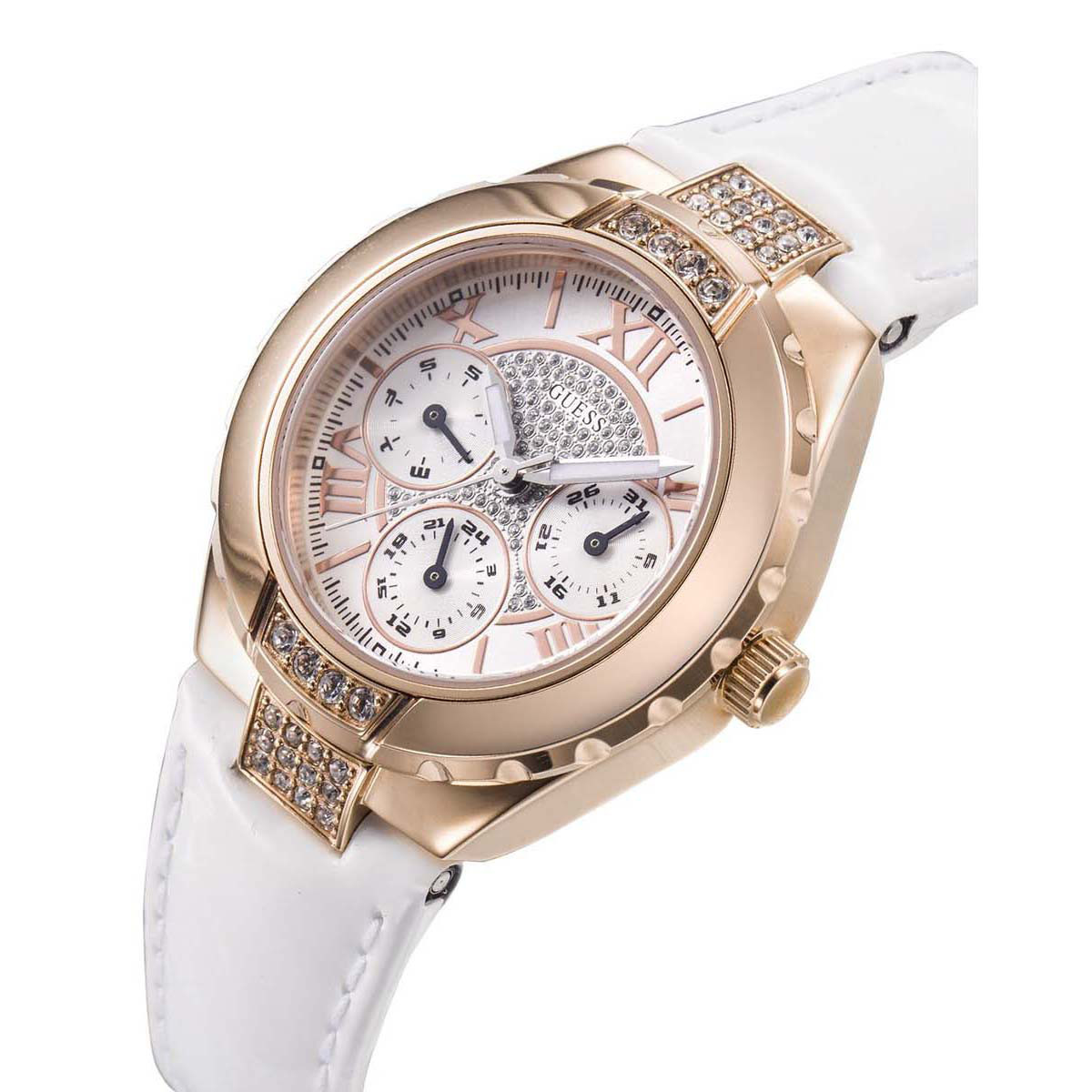 guess viva 欢呼系列 三眼计时镶钻复古休闲女表