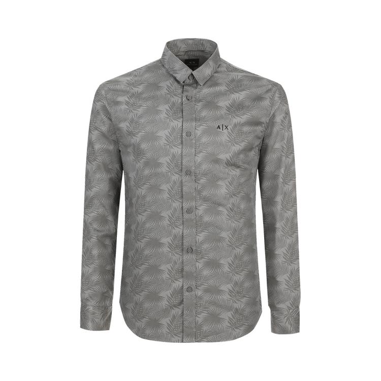 Armani Exchange 阿玛尼男款时尚印纹长袖衬衫 In Gray