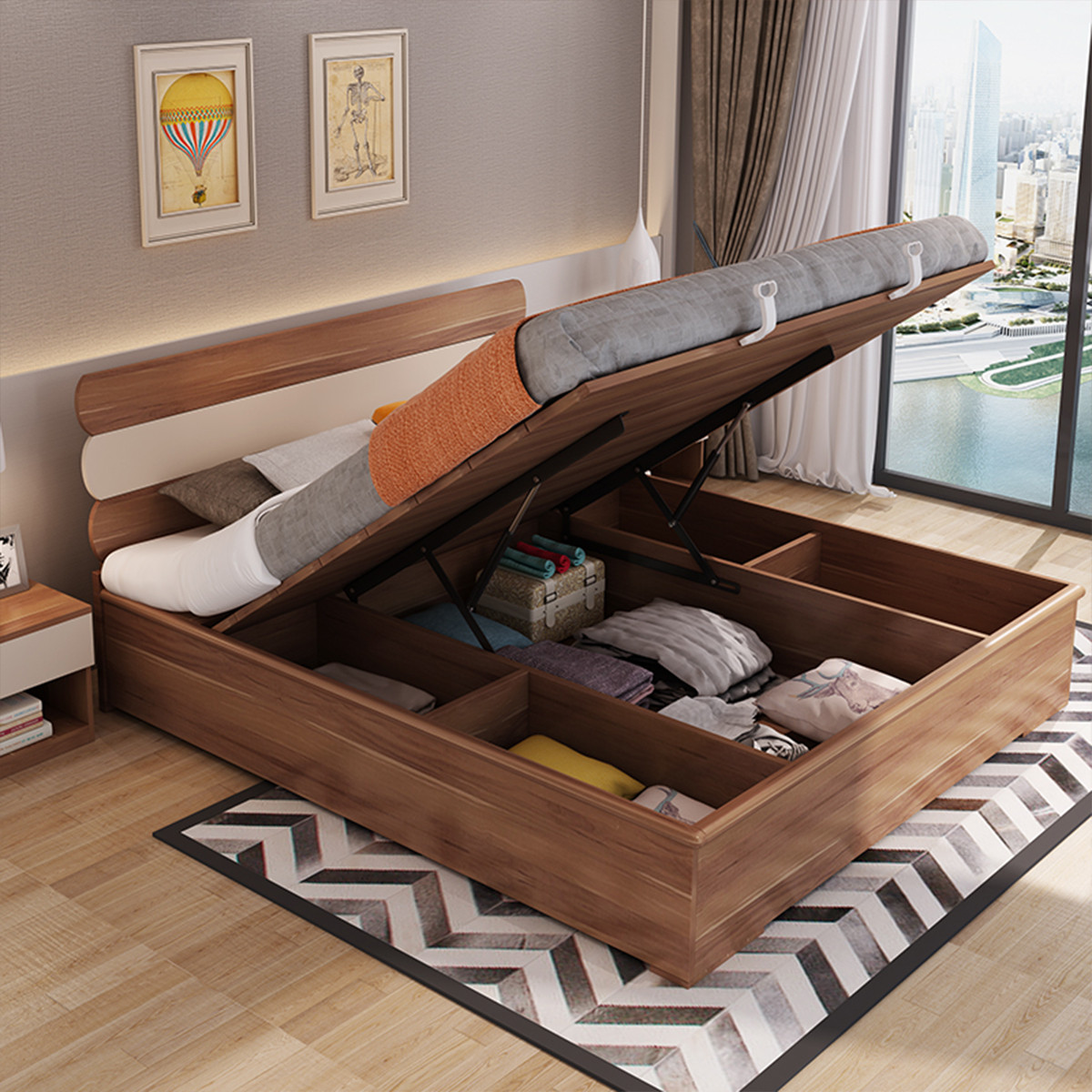 【王牌爆款】现代简约板式床框架高箱床单人床双人床a1003