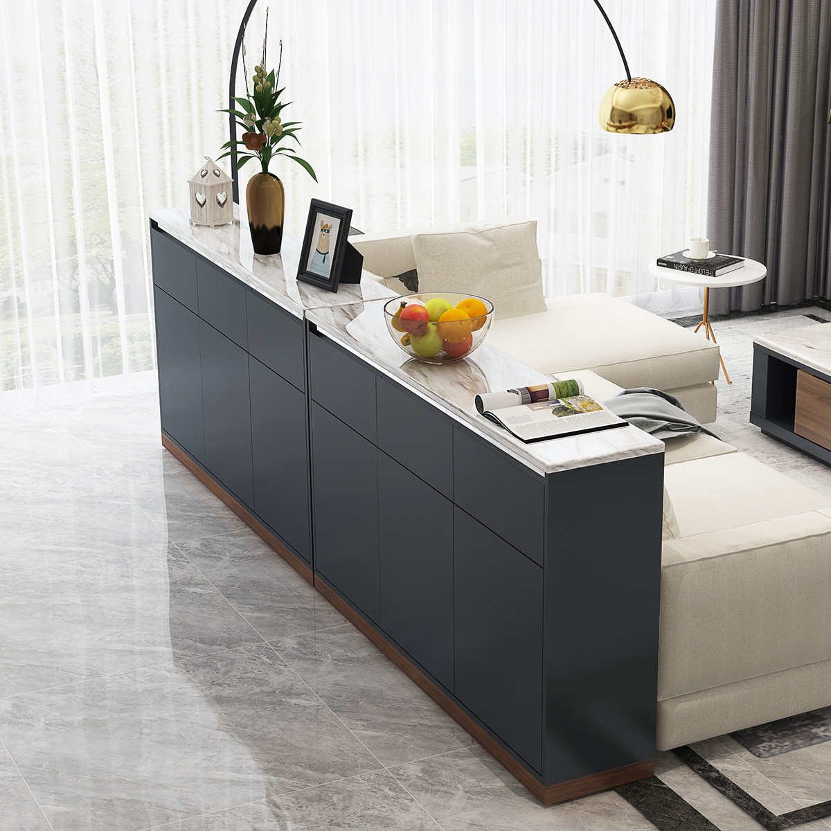 北欧胡桃款餐厅家具现代简约大理石台面餐边柜客厅矮柜地柜储物柜