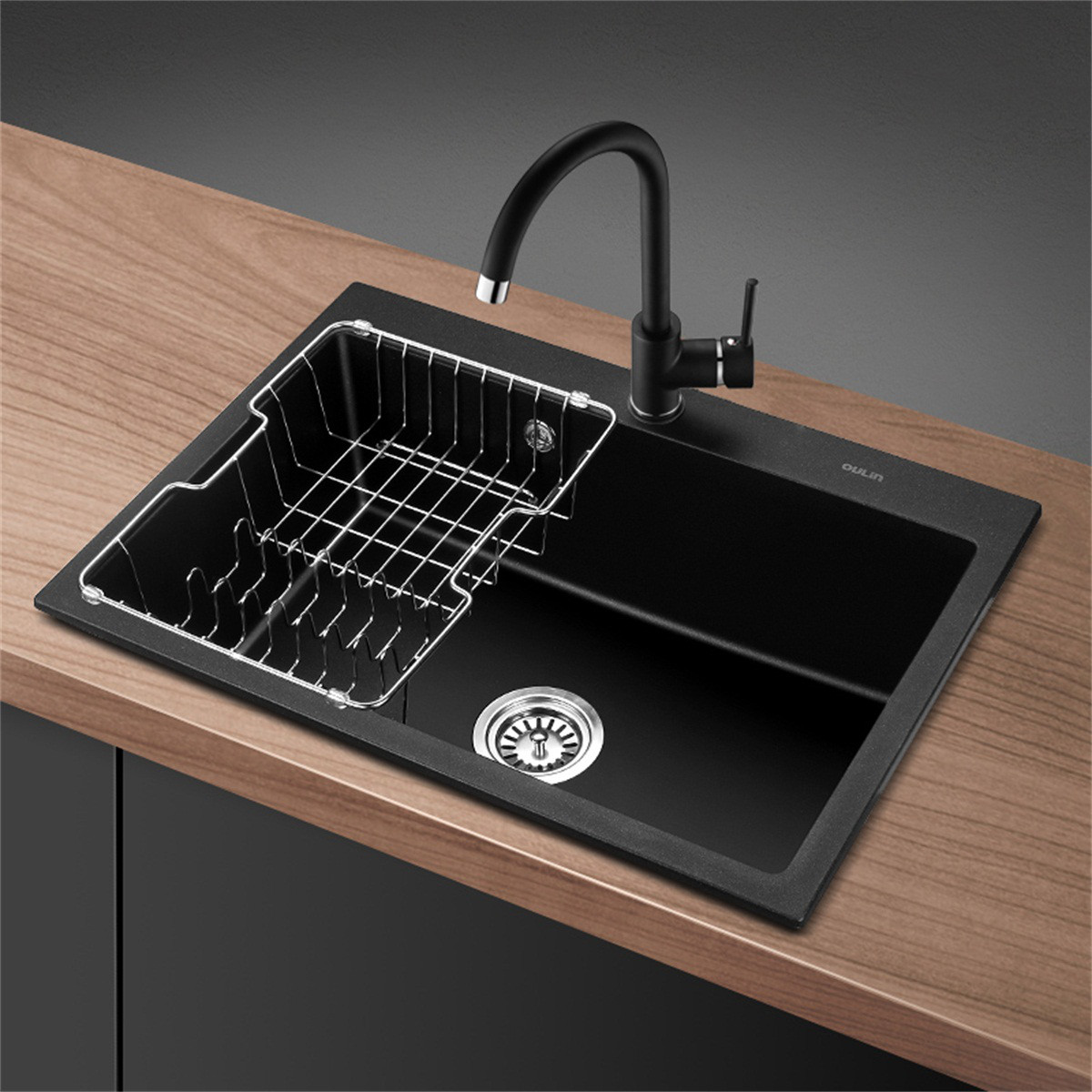 欧琳s104(680*485)石英石圆槽黑色厨房洗菜盆石槽