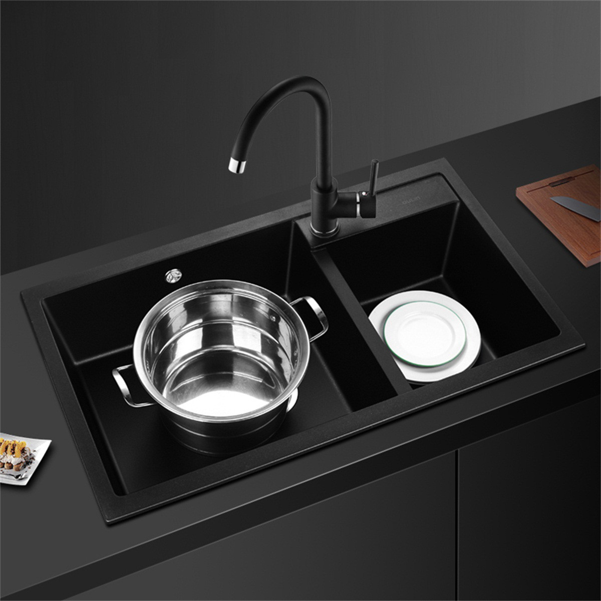 欧琳s203(780*475)石英石双槽套餐黑色厨房洗菜盆洗菜池石槽