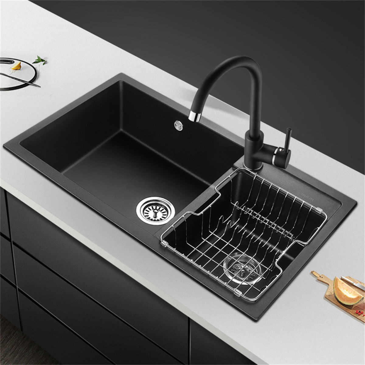 欧琳s203(780*475)石英石双槽套餐黑色厨房洗菜盆洗菜池石槽