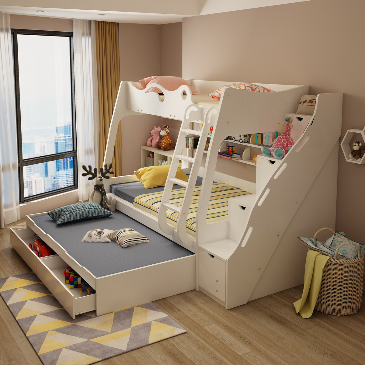 韩式儿童公主高低床 双层多功能上下床