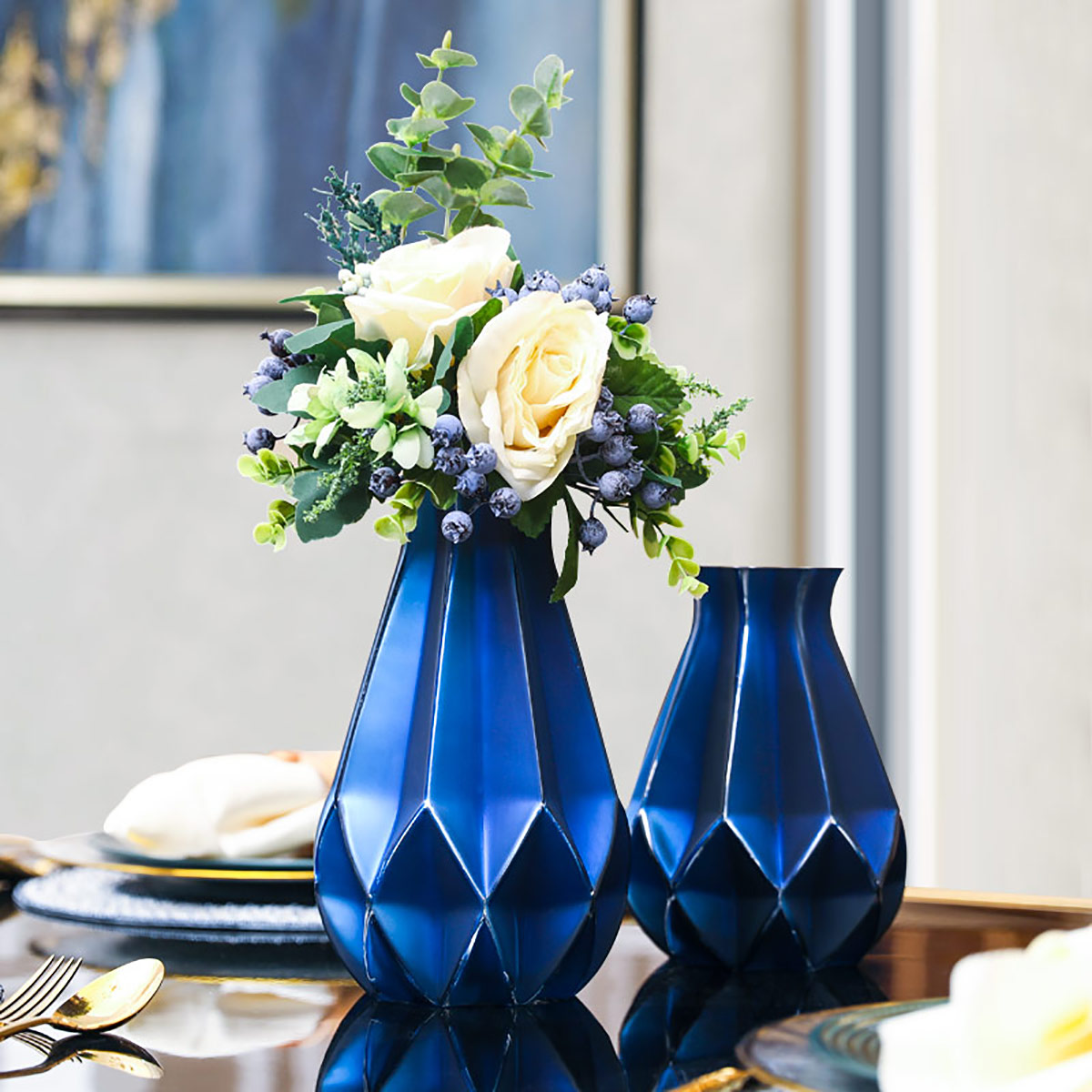 现代简约蓝色陶瓷花瓶创意欧式客厅插花家居电视柜餐桌装饰品摆件