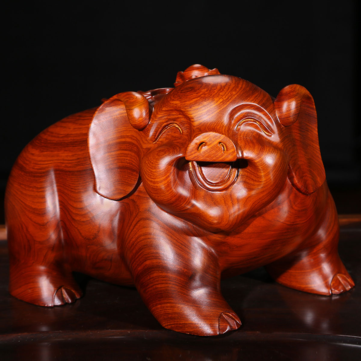 福来富足黑檀木雕猪摆件 招财猪十二生肖花梨木猪一