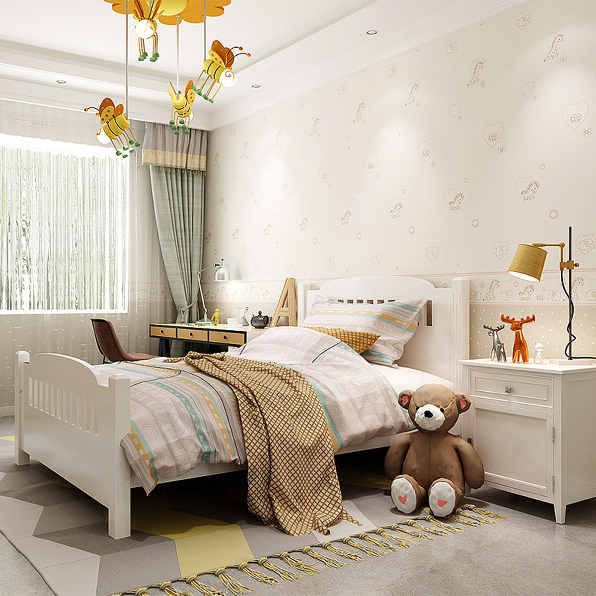 米素儿童房无缝墙布男孩女孩卧室卡通环保背景壁布 萌宠物语