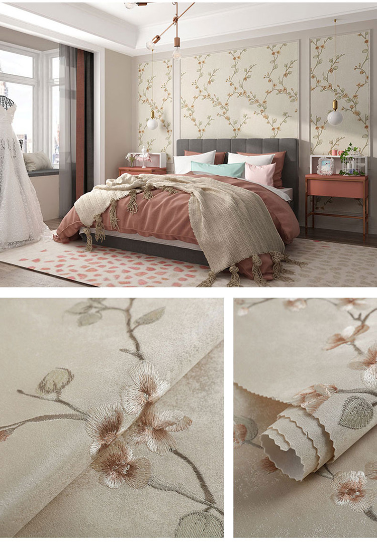 米素田园美式墙布卧室婚房高档刺绣绣花壁布无缝背景墙客厅 连理